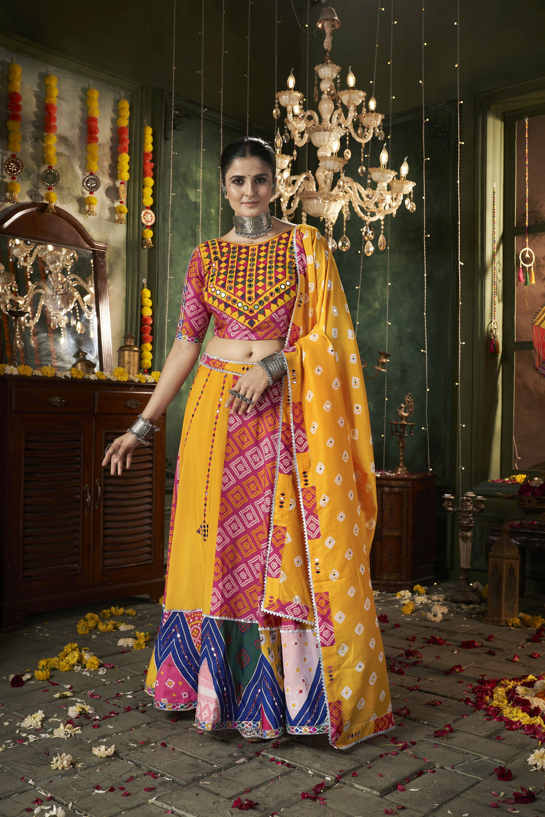 Pink & Yellow Lehenga Choli | Muslin Cotton Fabric with Mirror Work Navratri Special