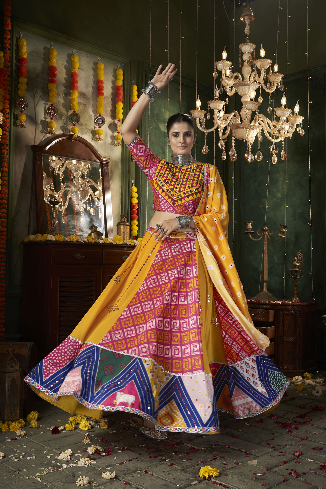 Pink & Yellow Lehenga Choli | Muslin Cotton Fabric with Mirror Work Navratri Special