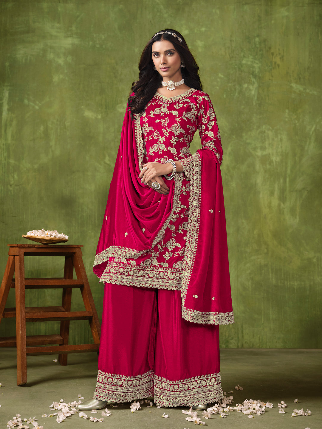 Charming Dola Silk Palazzo Suit with Floral Embroidery | Perfect Festive Wear