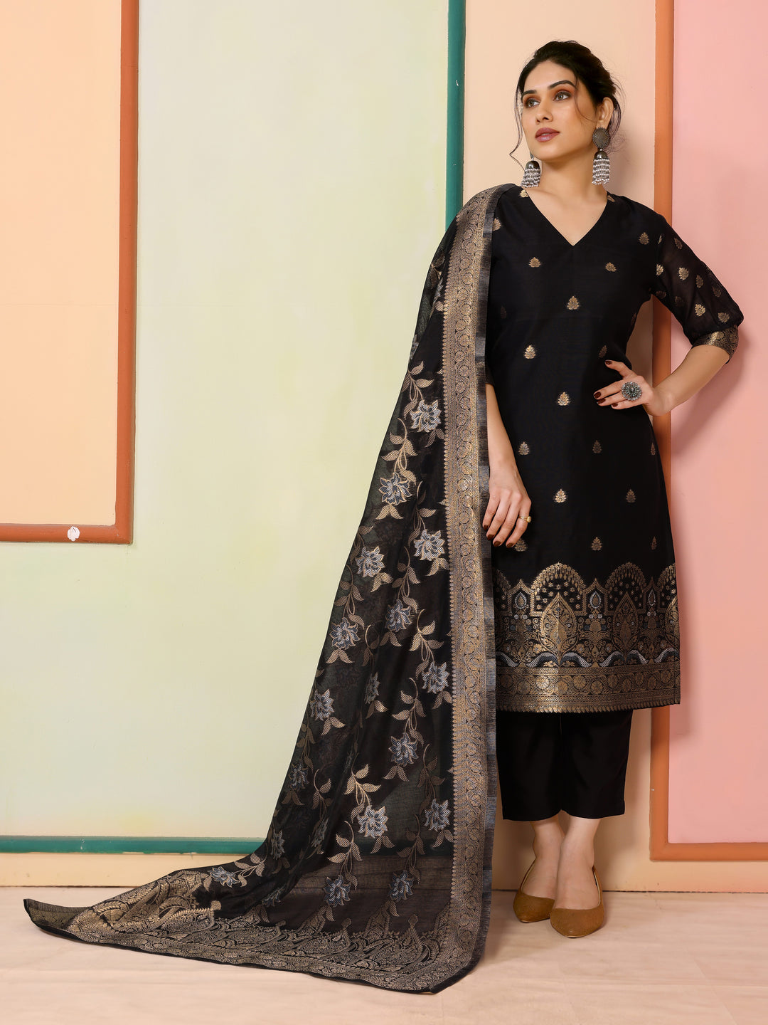 Stunning Chanderi Salwar Kameez with Gold Embroidery | Perfect for Festive Wear