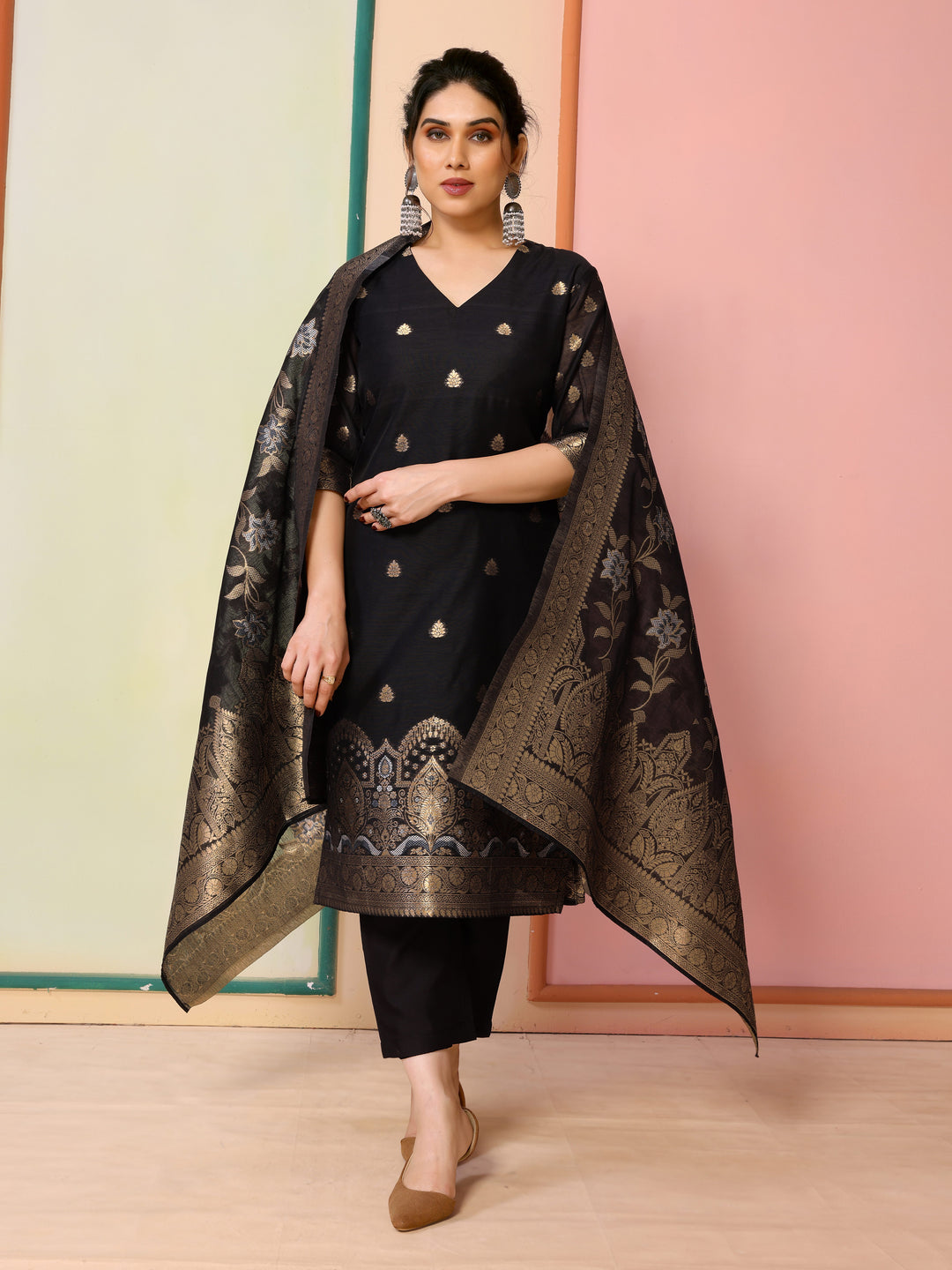 Stunning Chanderi Salwar Kameez with Gold Embroidery | Perfect for Festive Wear