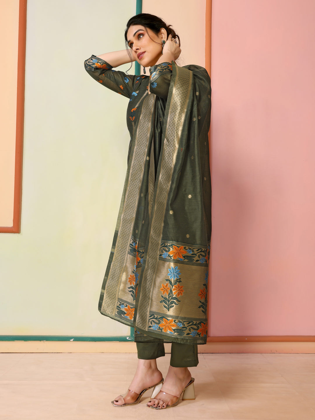 Stunning Chanderi Salwar Kameez with Gold Embroidery | Perfect for Festive Wear