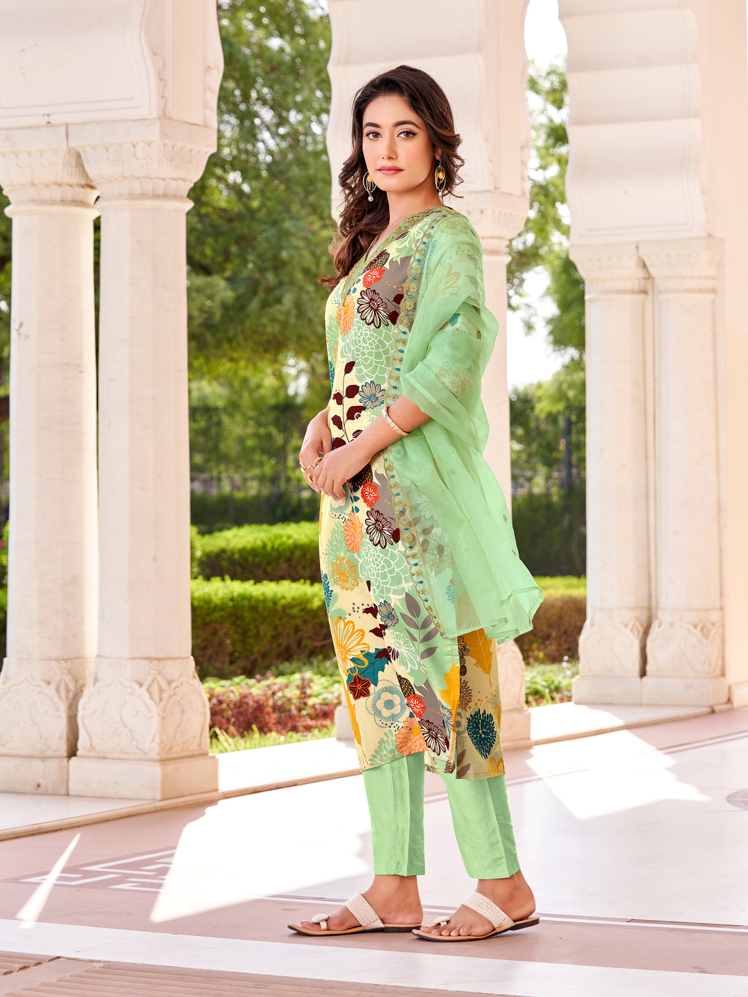 Charming Cream & Pista Muslin Salwar Kameez with Floral Print | Perfect Casual Wear