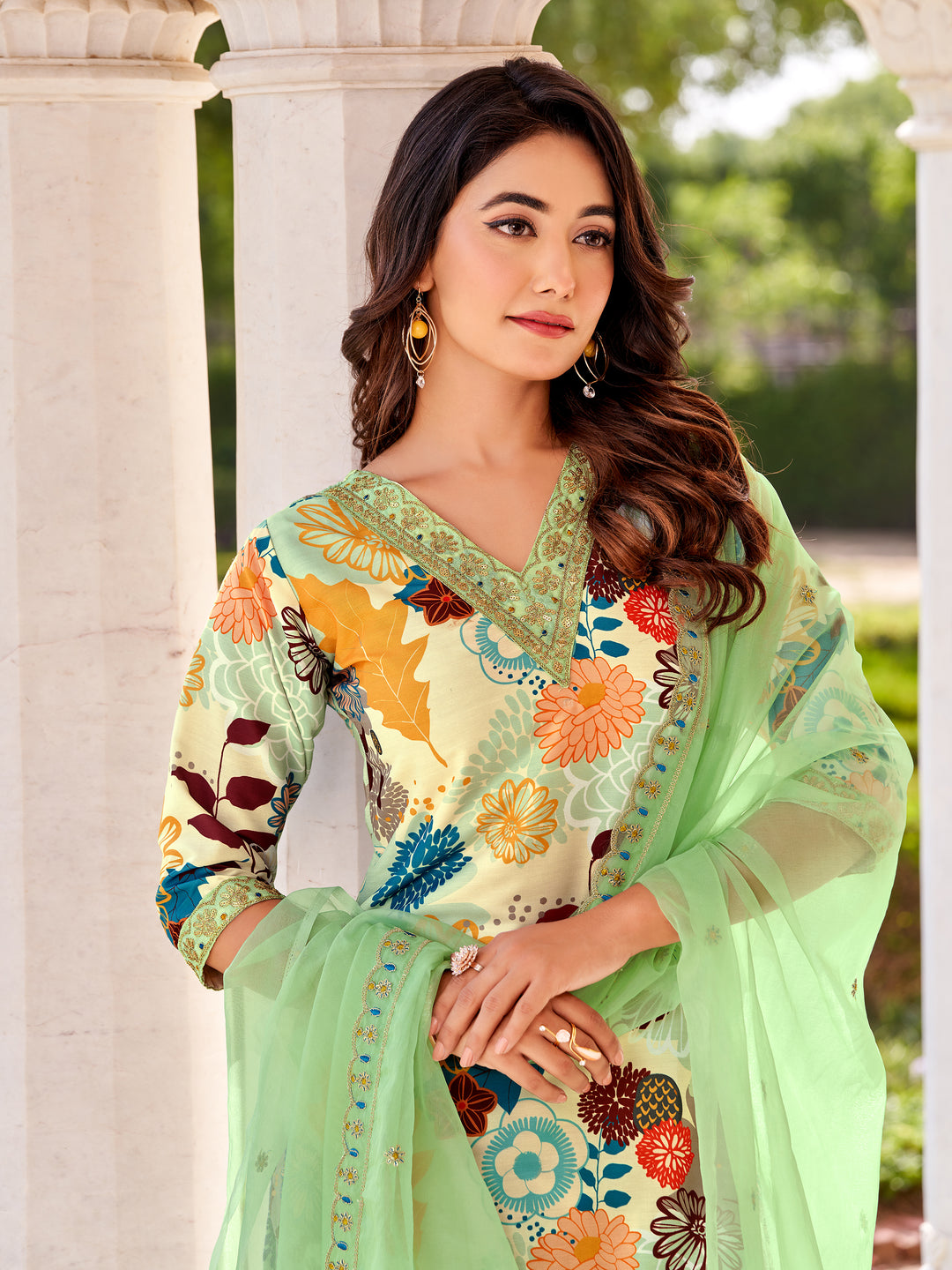 Charming Cream & Pista Muslin Salwar Kameez with Floral Print | Perfect Casual Wear