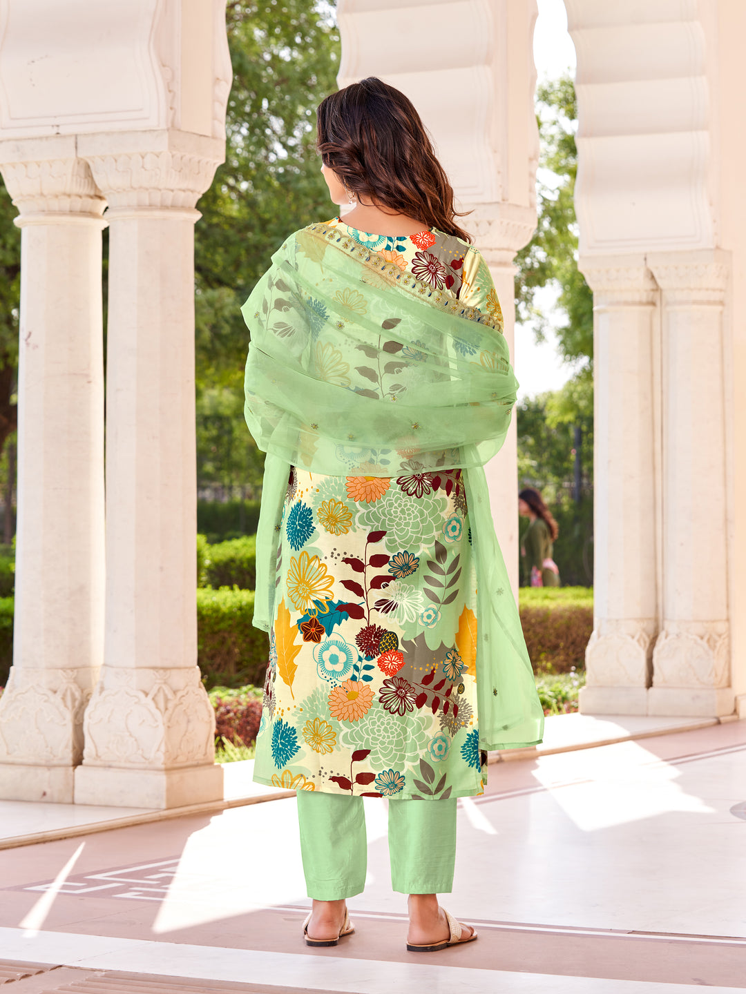 Charming Cream & Pista Muslin Salwar Kameez with Floral Print | Perfect Casual Wear