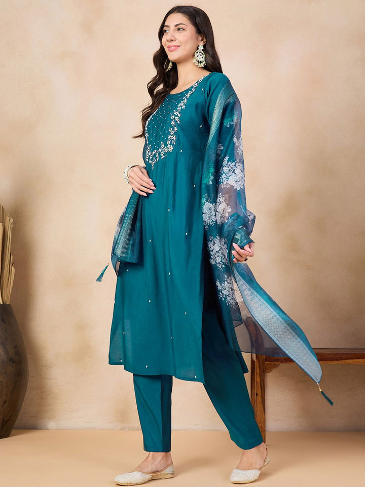 Elegant Viscose Chanderi Salwar Kameez with Floral Embroidery and Printed Dupatta