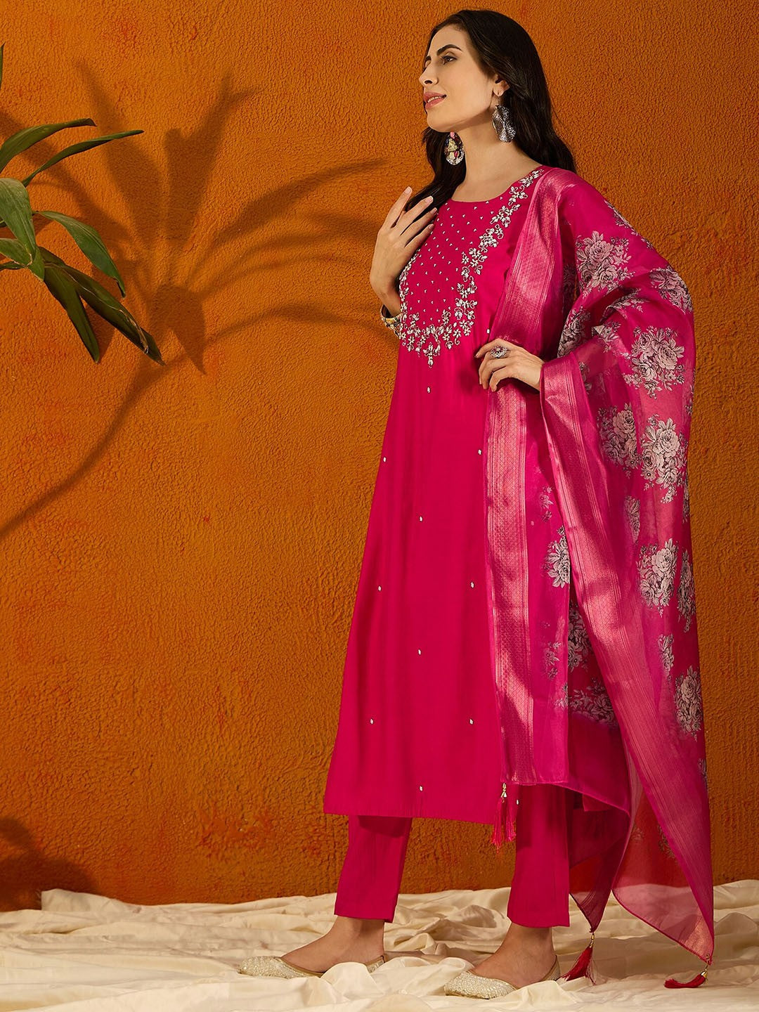 Elegant Viscose Chanderi Salwar Kameez with Floral Embroidery and Printed Dupatta