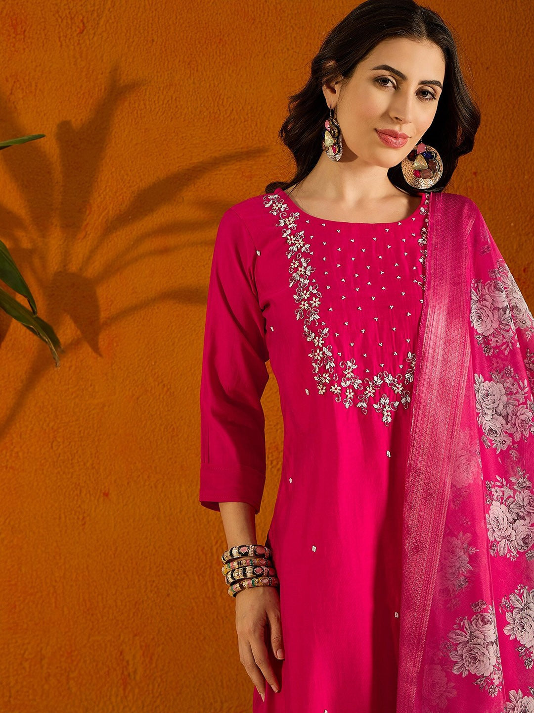 Elegant Viscose Chanderi Salwar Kameez with Floral Embroidery and Printed Dupatta