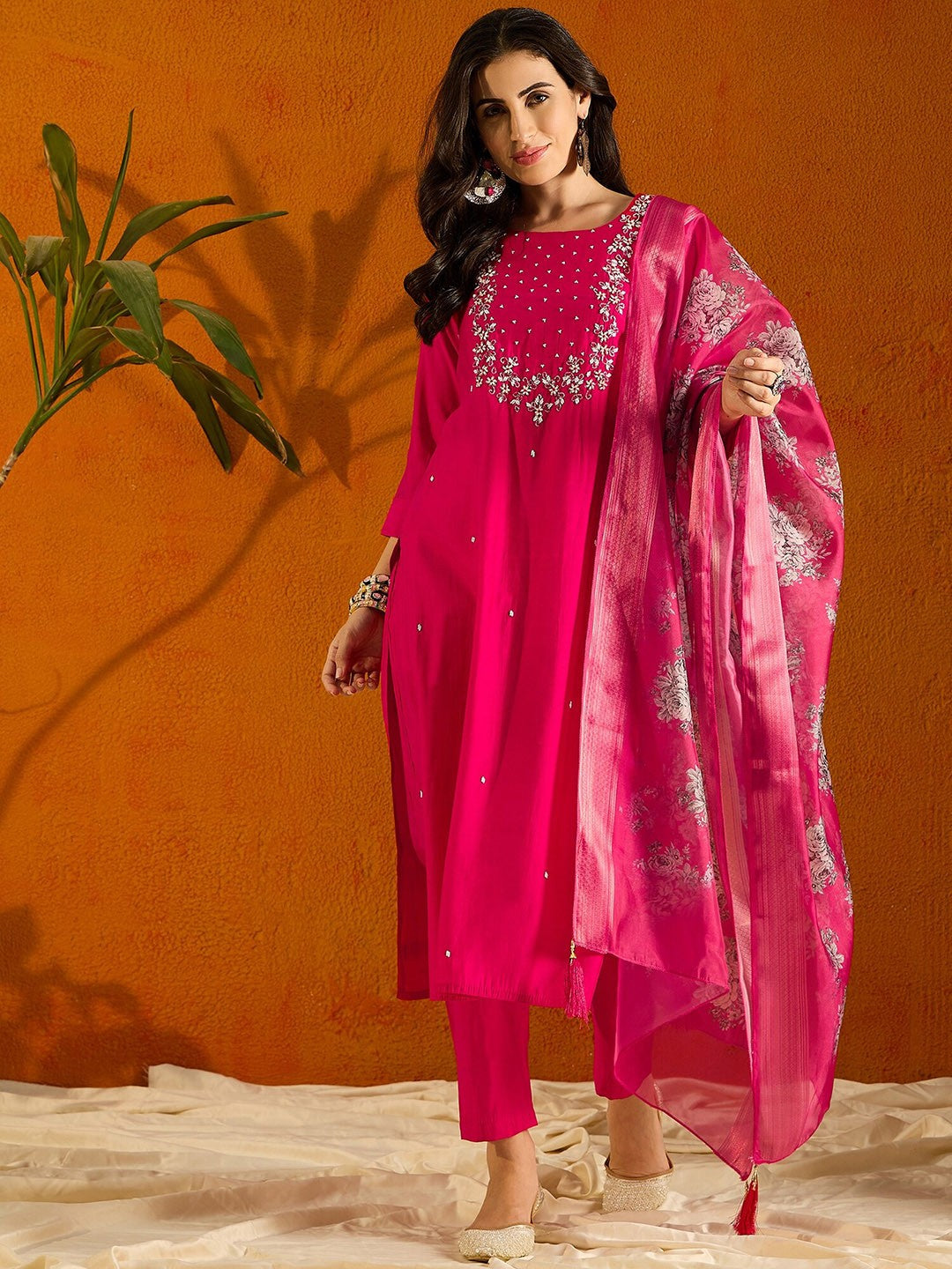 Elegant Viscose Chanderi Salwar Kameez with Floral Embroidery and Printed Dupatta