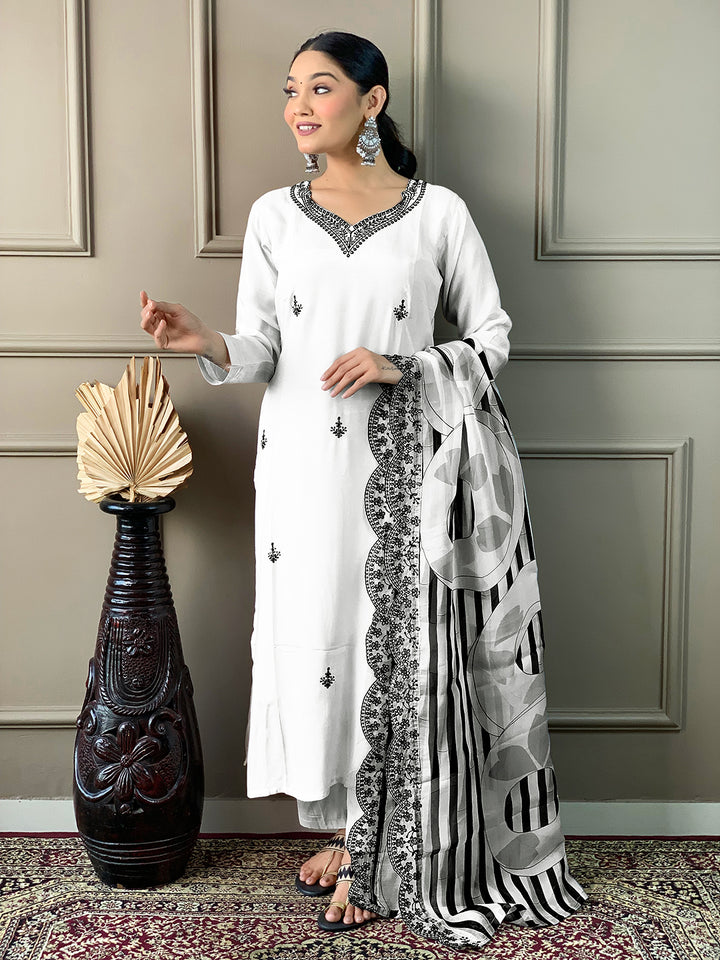 Elegant Viscose Chanderi Salwar Kameez with Floral Embroidery and Printed Dupatta