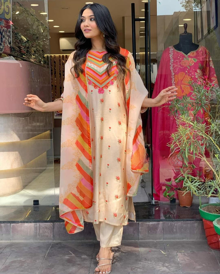 Stunning Orange & Peach Natural Crape Salwar Kameez with Vibrant Embroidery | Perfect for Festive Wear