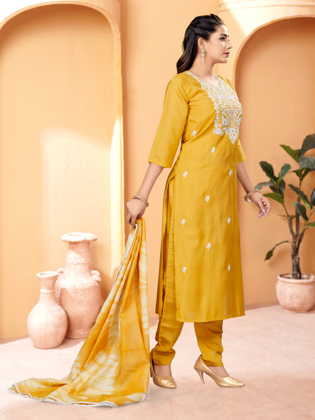 Elegant Viscose Chanderi Salwar Kameez with Floral Embroidery and Printed Dupatta