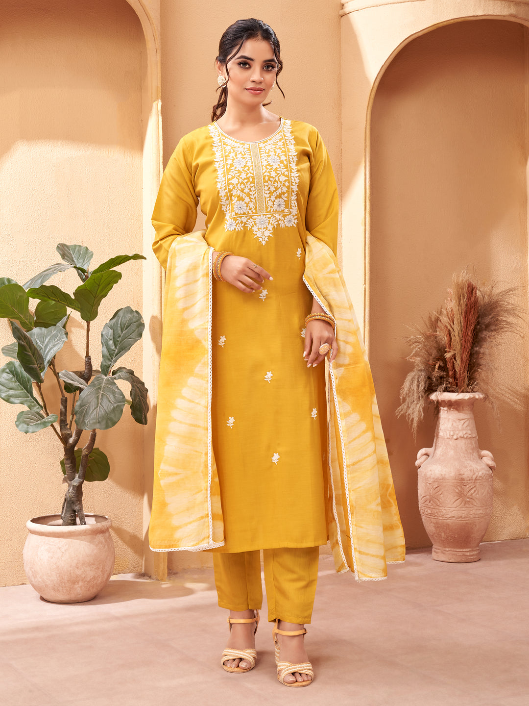 Elegant Viscose Chanderi Salwar Kameez with Floral Embroidery and Printed Dupatta