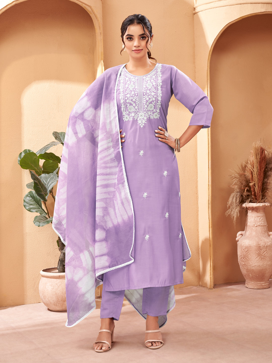 Elegant Viscose Chanderi Salwar Kameez with Floral Embroidery and Printed Dupatta