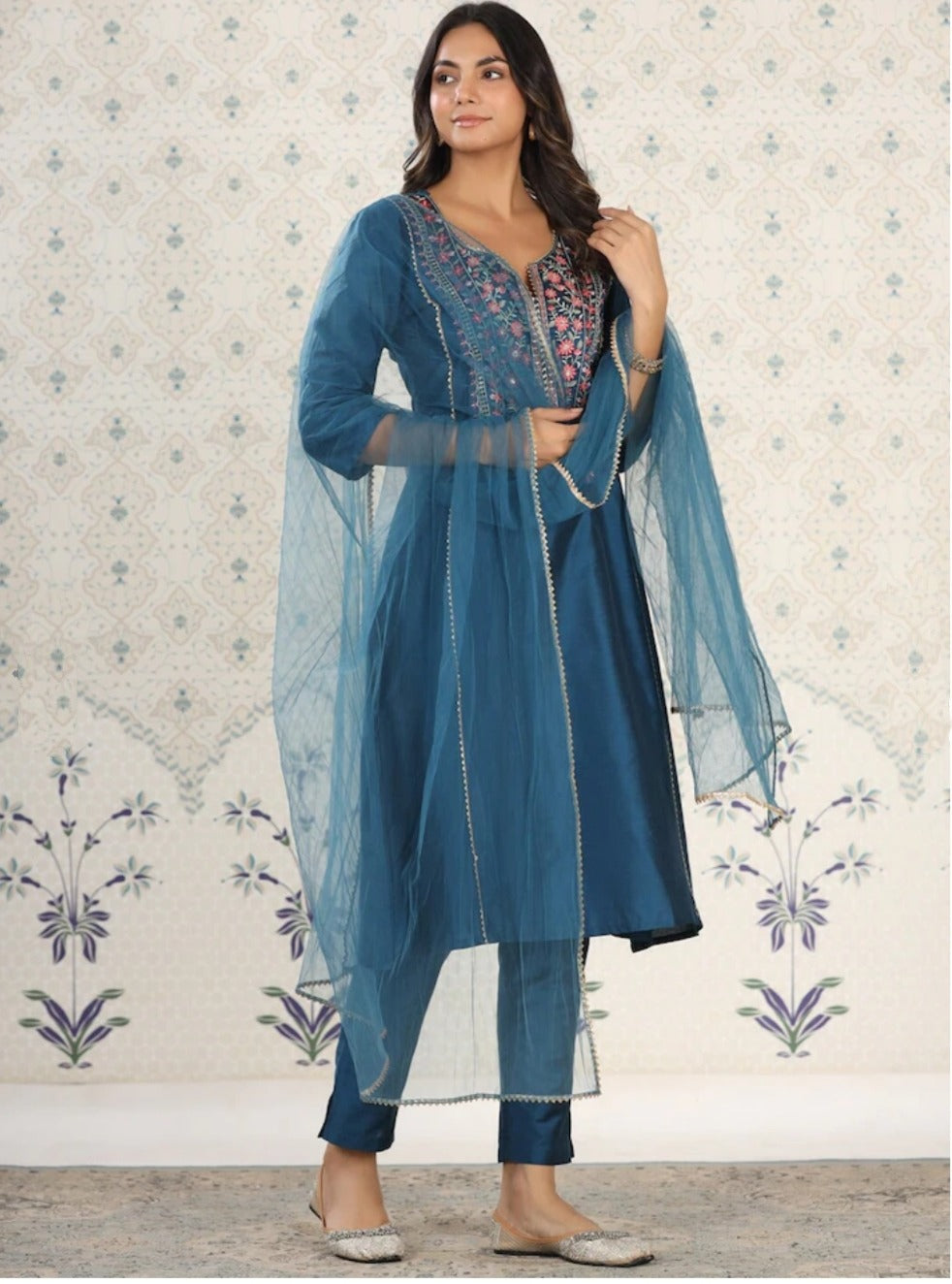 Elegant Viscose Chanderi Salwar Kameez with Floral Embroidery and Printed Dupatta