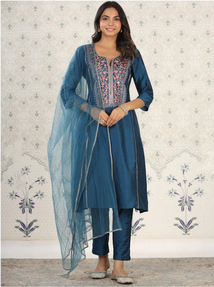 Elegant Viscose Chanderi Salwar Kameez with Floral Embroidery and Printed Dupatta