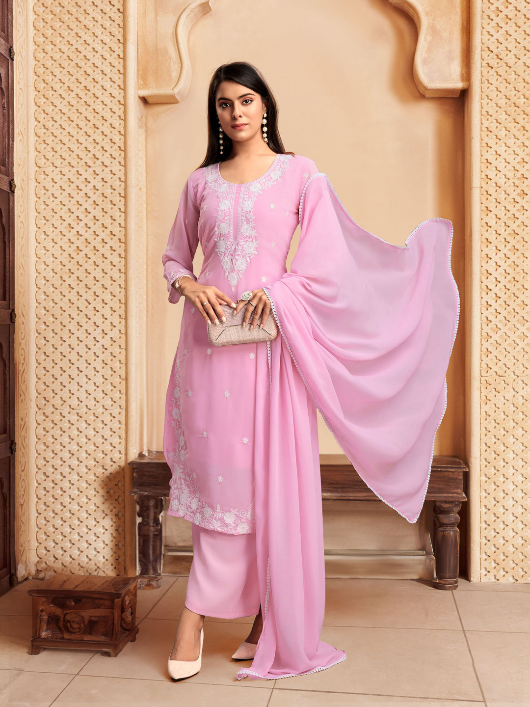 Elegant Georgette Salwar Kameez with Intricate Embroidery and Matching Dupatta