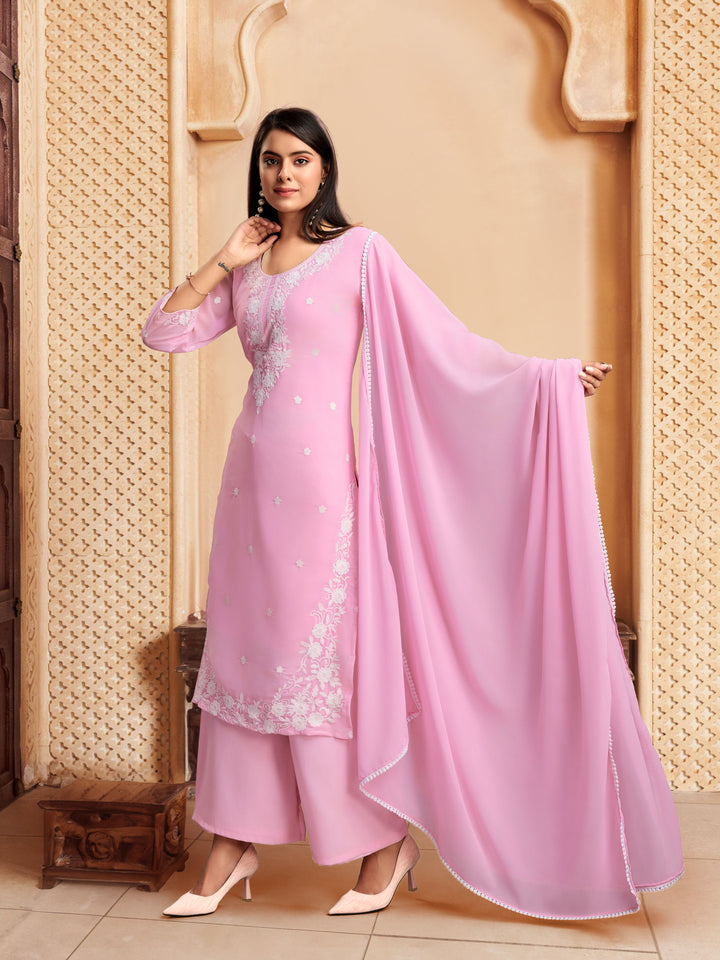 Elegant Georgette Salwar Kameez with Intricate Embroidery and Matching Dupatta