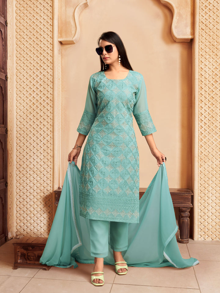 Elegant Georgette Salwar Kameez with Intricate Embroidery and Matching Dupatta