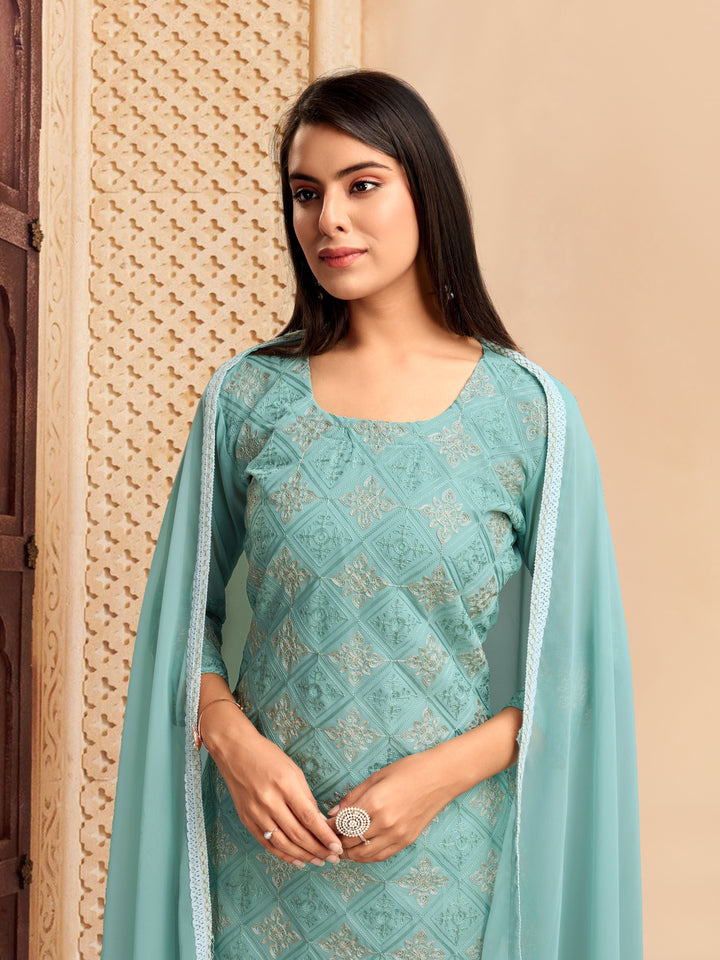 Elegant Georgette Salwar Kameez with Intricate Embroidery and Matching Dupatta