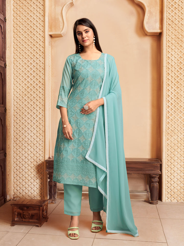 Elegant Georgette Salwar Kameez with Intricate Embroidery and Matching Dupatta