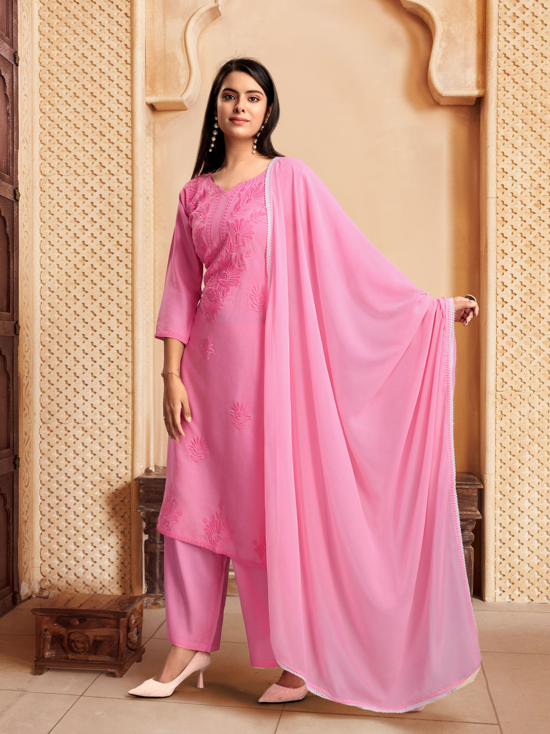 Elegant Rayon Salwar Kameez with Intricate Embroidery and Matching Dupatta