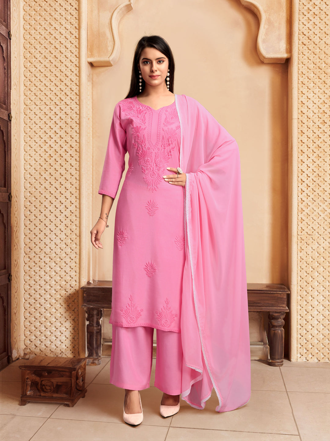 Elegant Rayon Salwar Kameez with Intricate Embroidery and Matching Dupatta