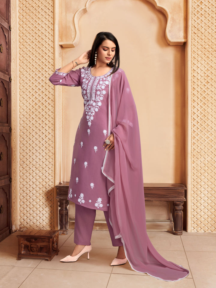 Elegant Rayon Salwar Kameez with Intricate Embroidery and Matching Dupatta