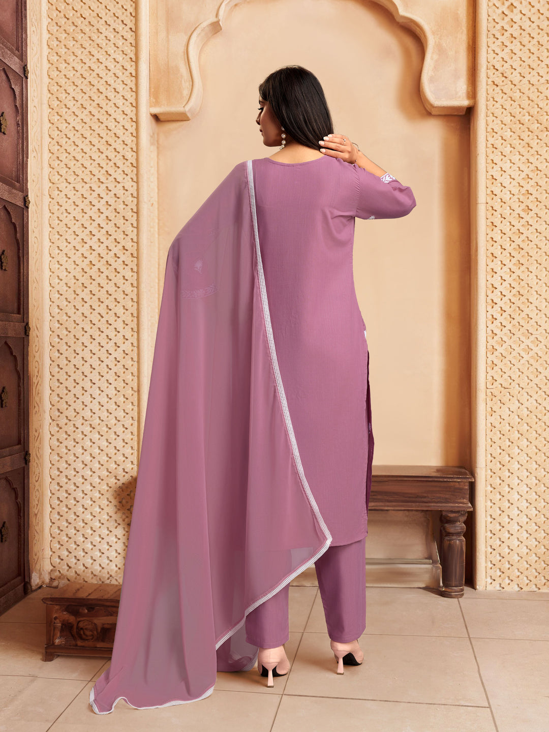 Elegant Rayon Salwar Kameez with Intricate Embroidery and Matching Dupatta