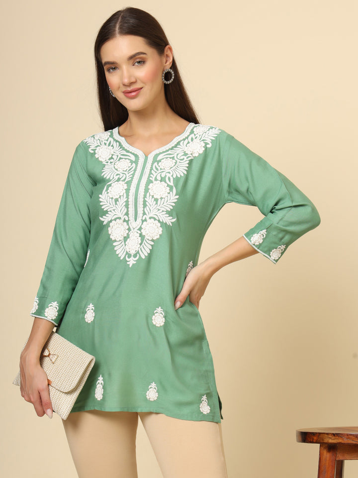 Elegant Rayon Kurti | Designer Short Kurti with Chikankari Embroidery