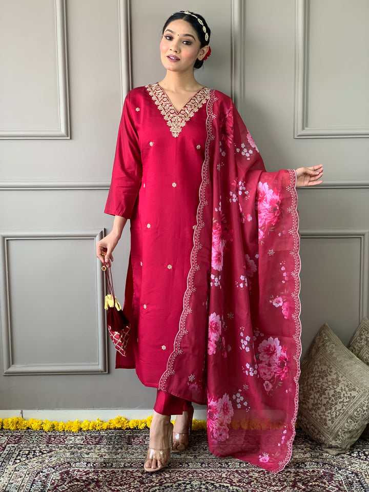 Elegant Viscose Chanderi Salwar Kameez with Floral Embroidery and Printed Dupatta