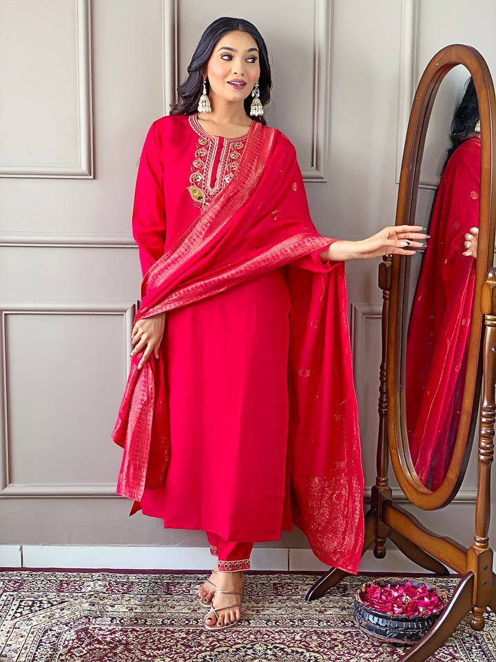 Elegant Viscose Chanderi Salwar Kameez with Floral Embroidery and Printed Dupatta