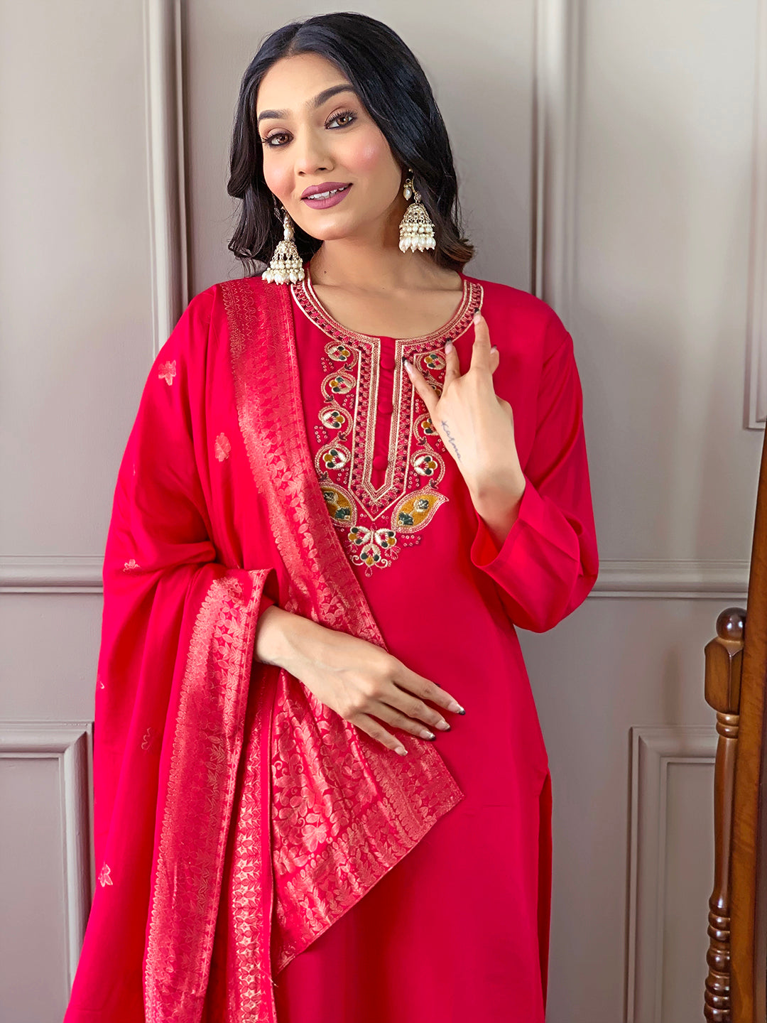 Elegant Viscose Chanderi Salwar Kameez with Floral Embroidery and Printed Dupatta