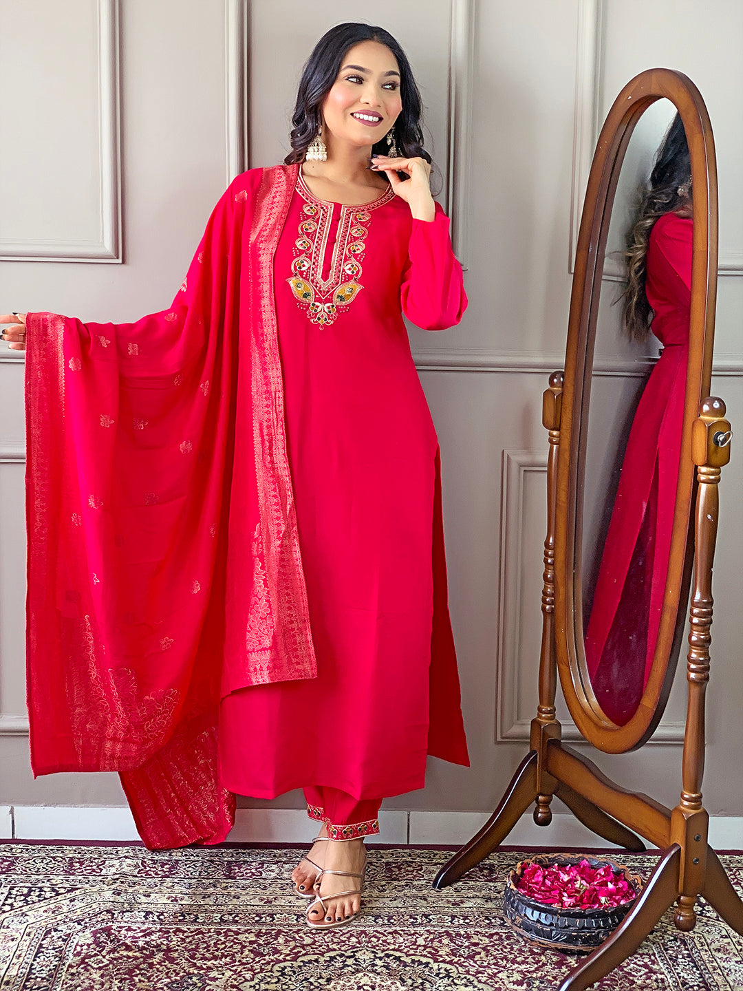 Elegant Viscose Chanderi Salwar Kameez with Floral Embroidery and Printed Dupatta