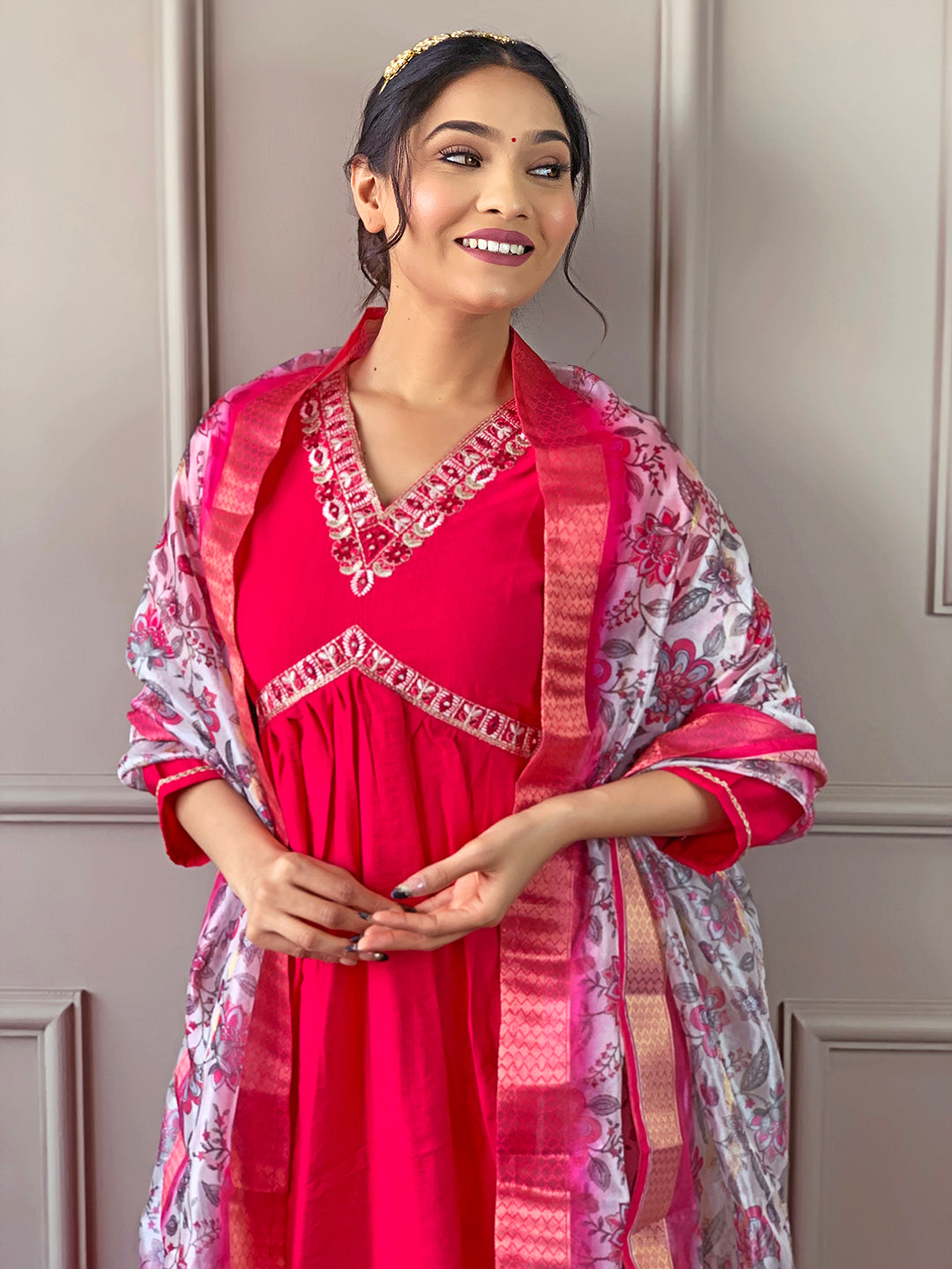 Elegant Viscose Chanderi Salwar Kameez with Floral Embroidery and Printed Dupatta