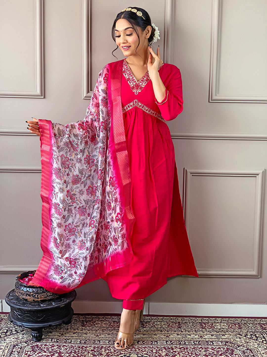 Elegant Viscose Chanderi Salwar Kameez with Floral Embroidery and Printed Dupatta