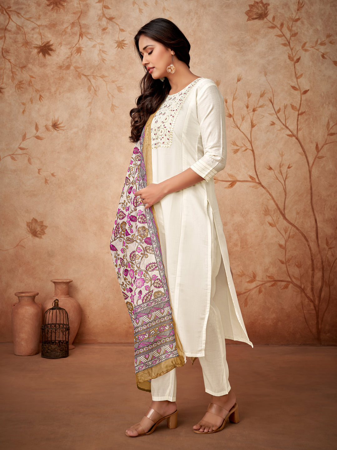 Elegant Viscose Chanderi Salwar Kameez with Floral Embroidery and Printed Dupatta"