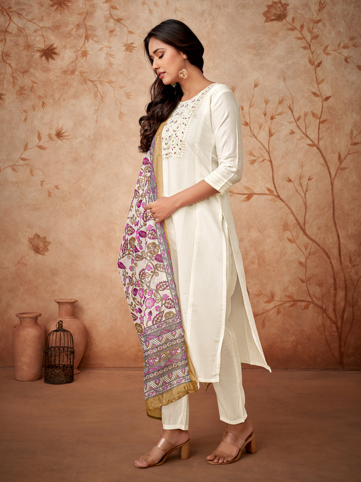 Elegant Viscose Chanderi Salwar Kameez with Floral Embroidery and Printed Dupatta"