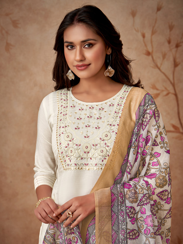 Elegant Viscose Chanderi Salwar Kameez with Floral Embroidery and Printed Dupatta"