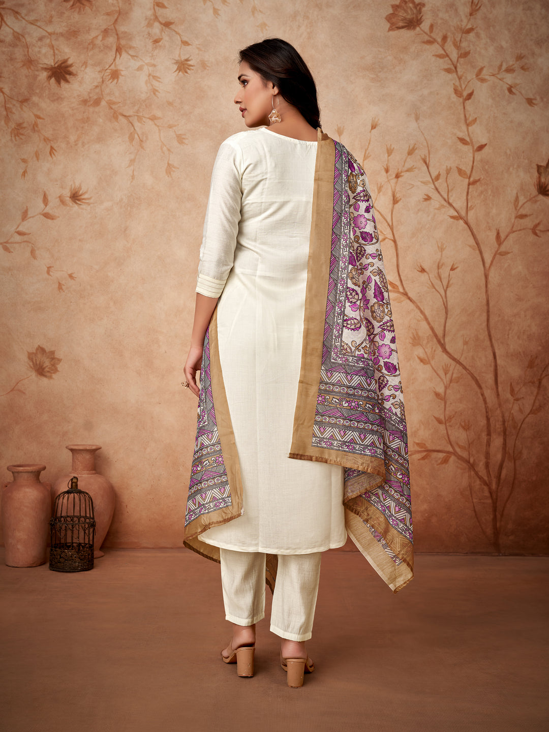 Elegant Viscose Chanderi Salwar Kameez with Floral Embroidery and Printed Dupatta"