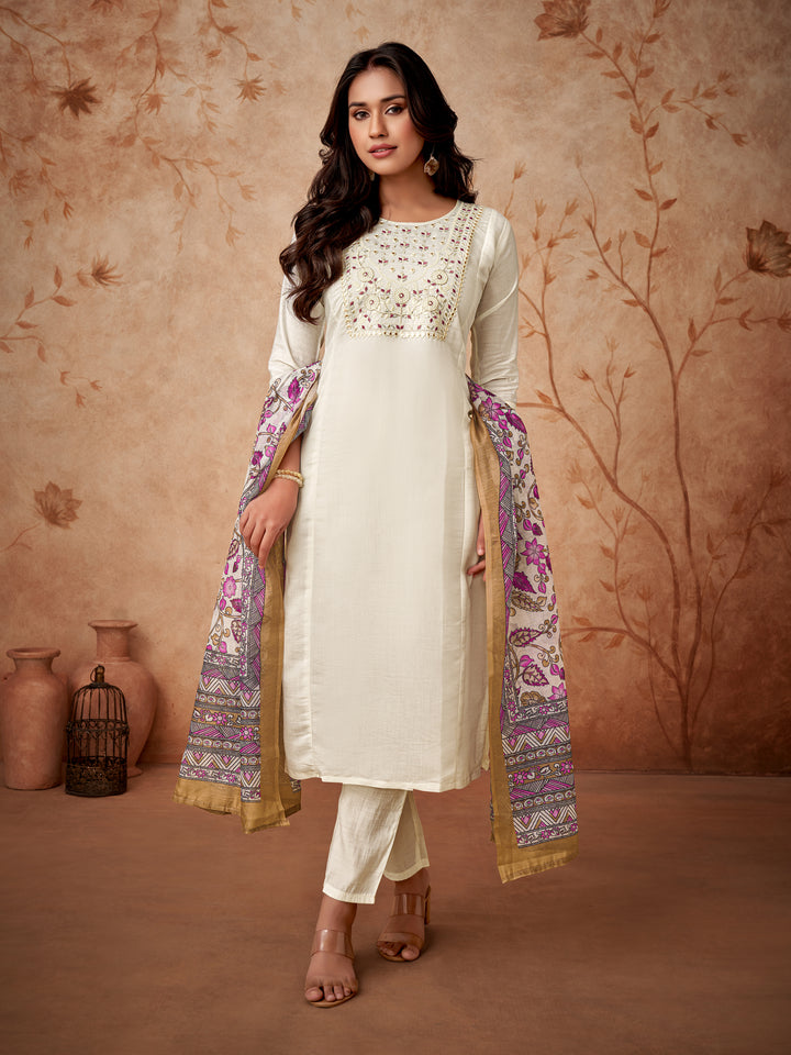 Elegant Viscose Chanderi Salwar Kameez with Floral Embroidery and Printed Dupatta"