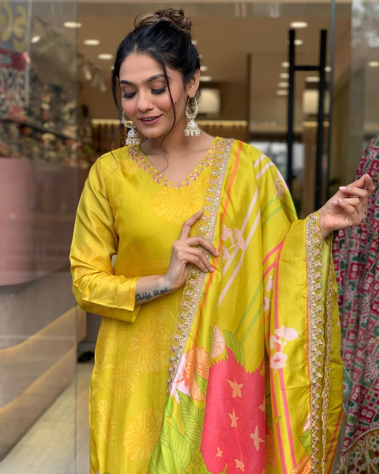 Yellow Natural Crepe Floral Designer Embroidered Salwar Kameez for Women | Elegant Ethnic Wear