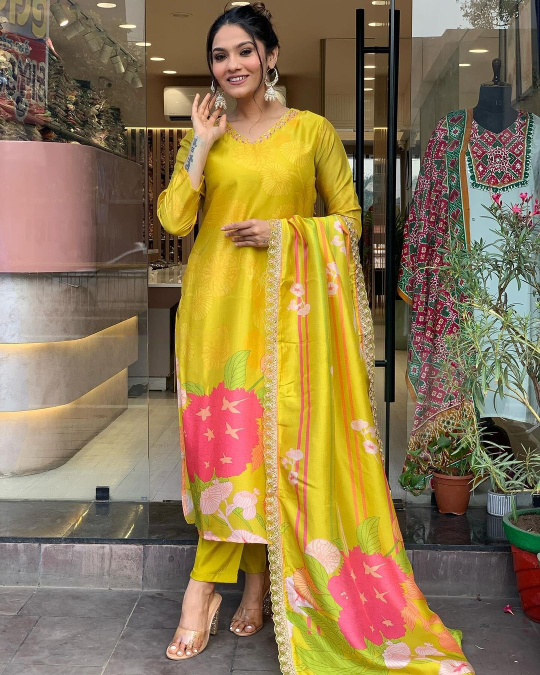 Yellow Natural Crepe Floral Designer Embroidered Salwar Kameez for Women | Elegant Ethnic Wear