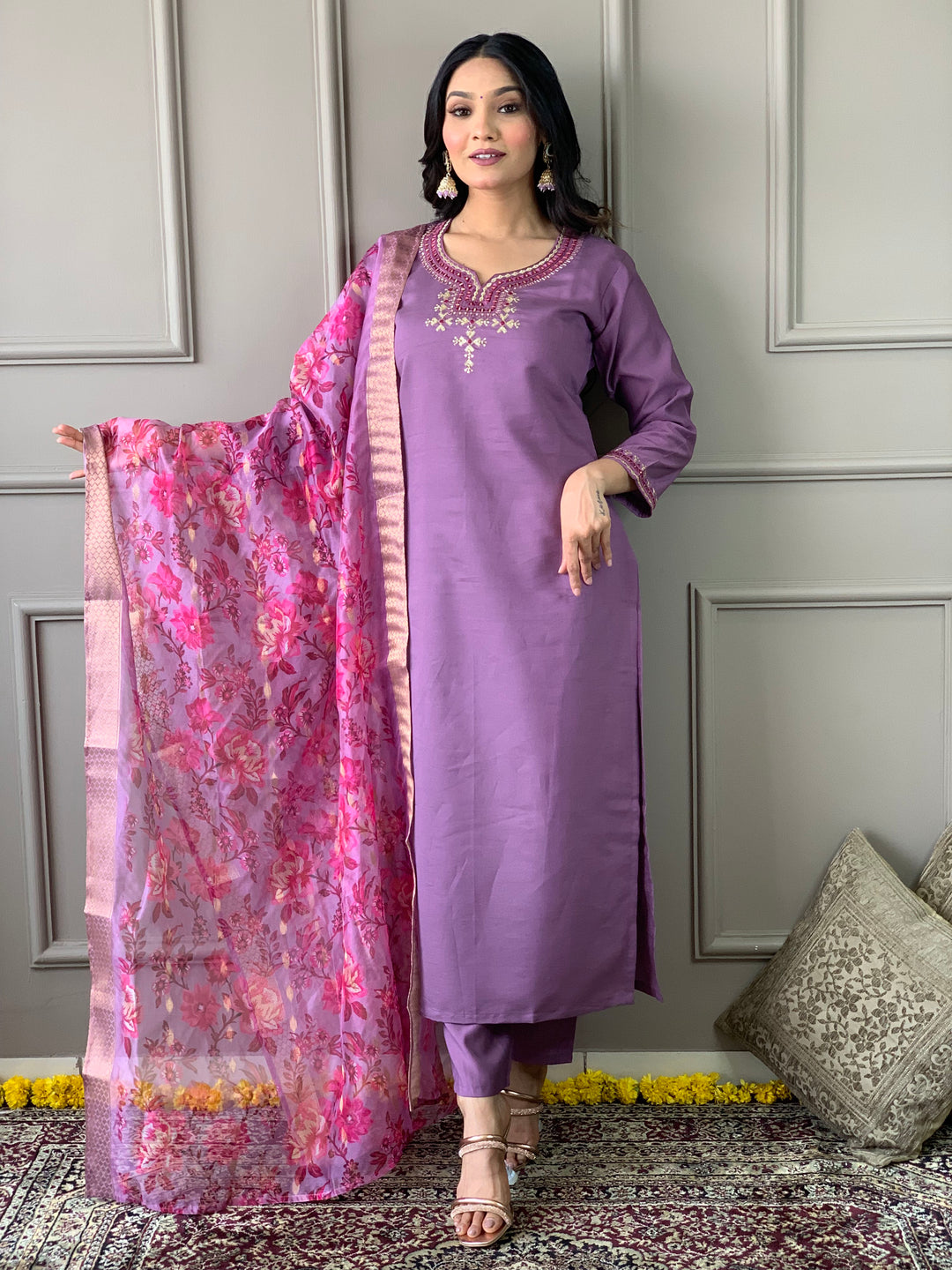 Elegant Viscose Chanderi Salwar Kameez with Floral Embroidery and Printed Dupatta"