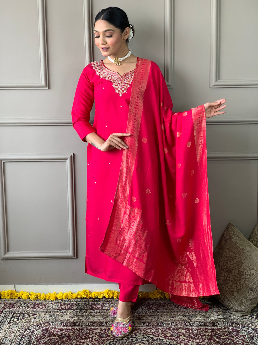 Elegant Viscose Chanderi Salwar Kameez with Floral Embroidery and Printed Dupatta"