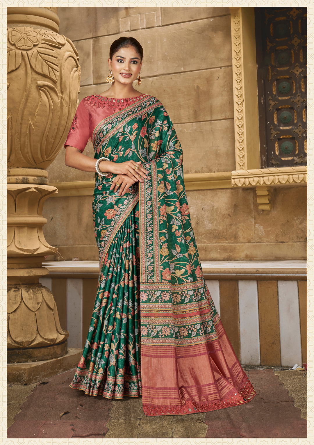 Gajji Silk Floral Printed Saree with Mirror Work | Banarasi Silk | Festive Wear