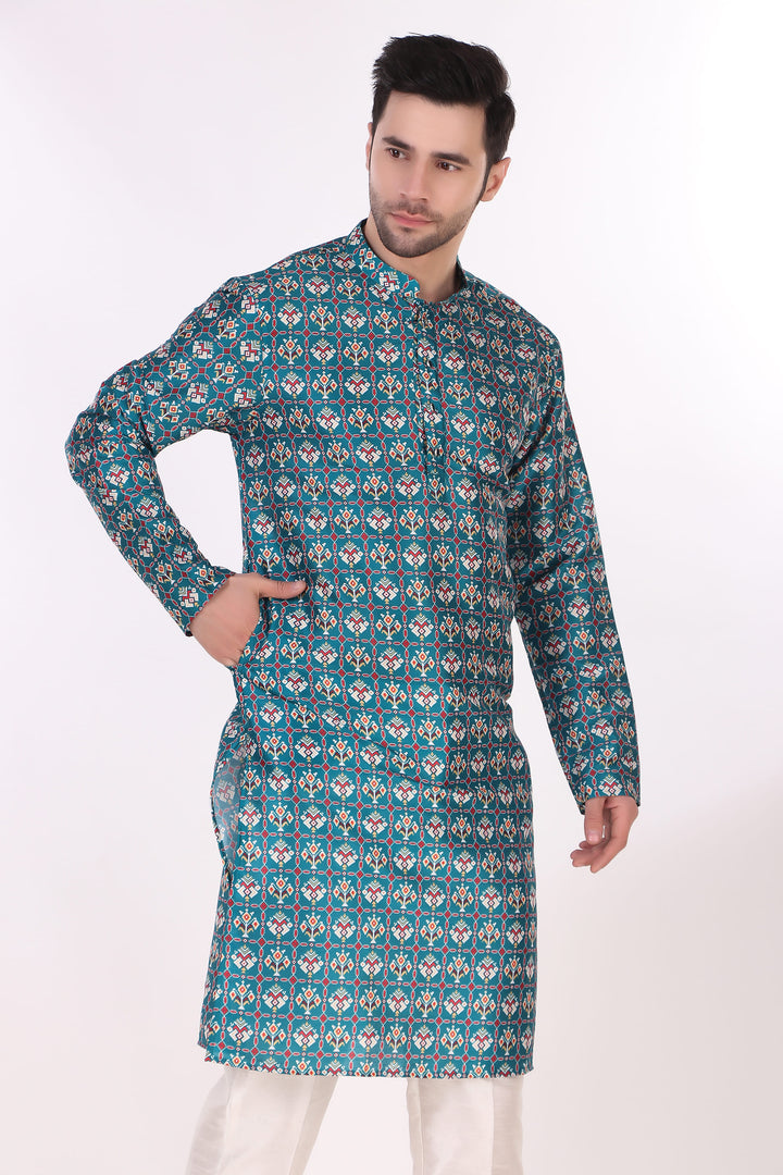 Blue Art Silk Kurta with Cream Pajama | Designer Printed Festive Wear