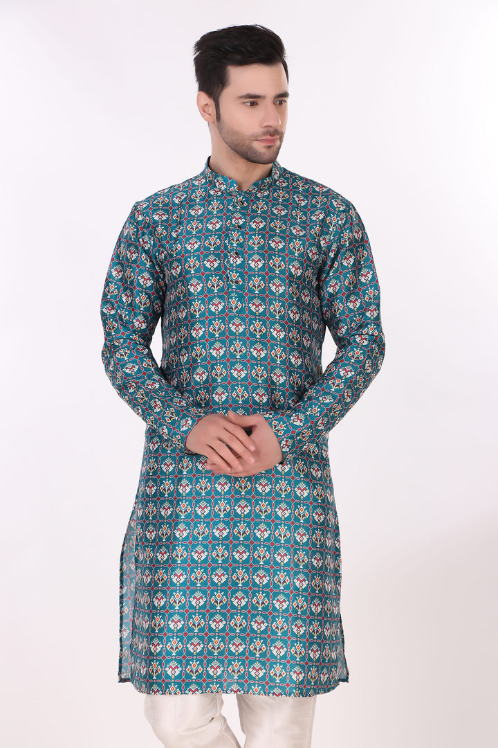 Blue Art Silk Kurta with Cream Pajama | Designer Printed Festive Wear