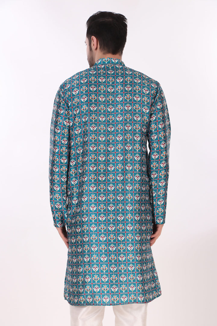 Blue Art Silk Kurta with Cream Pajama | Designer Printed Festive Wear