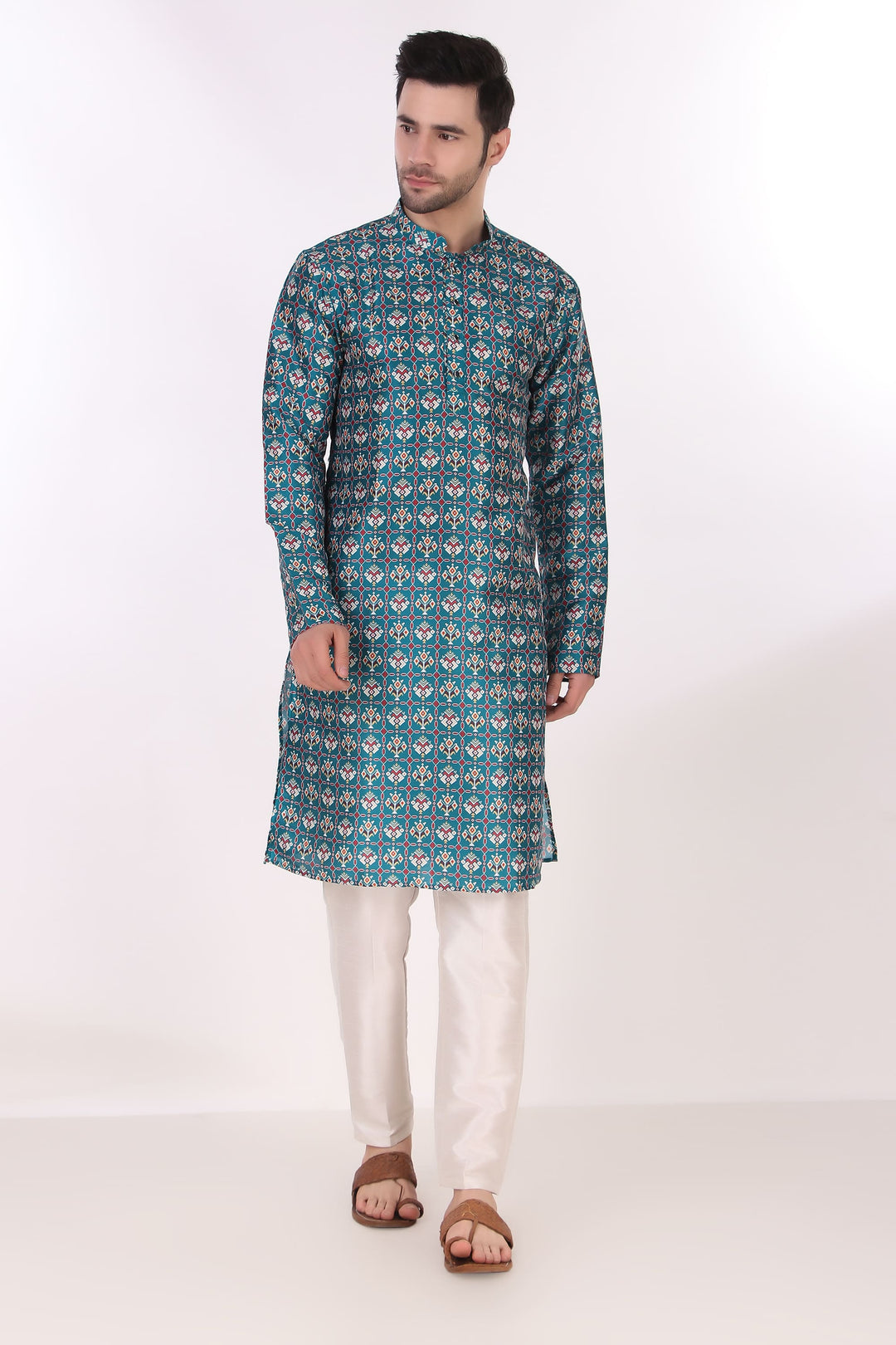 Blue Art Silk Kurta with Cream Pajama | Designer Printed Festive Wear